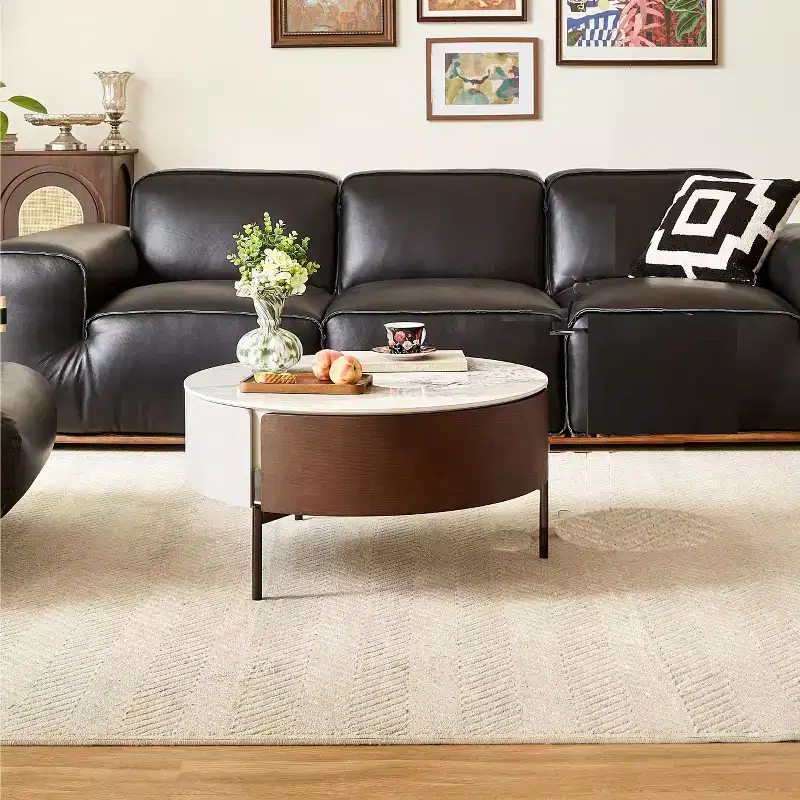 Smoked Wood Round Coffee Table with Drawers, Sintered Stone Top & Metal Legs