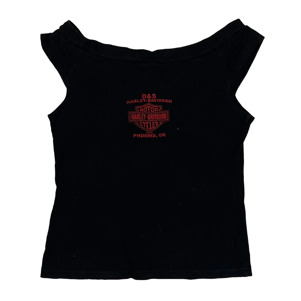 Graphic Sleeveless Top Women Medium Black Cotton Casual Fitted Round Neck