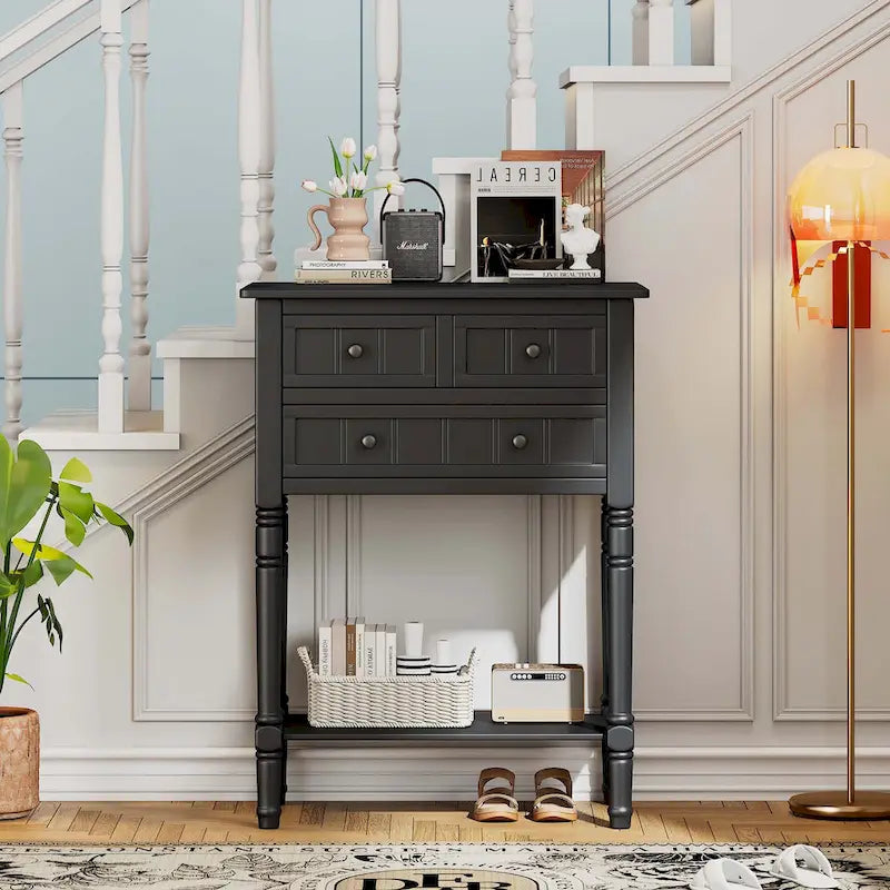 Narrow Console Table with Drawers and Bottom Shelf