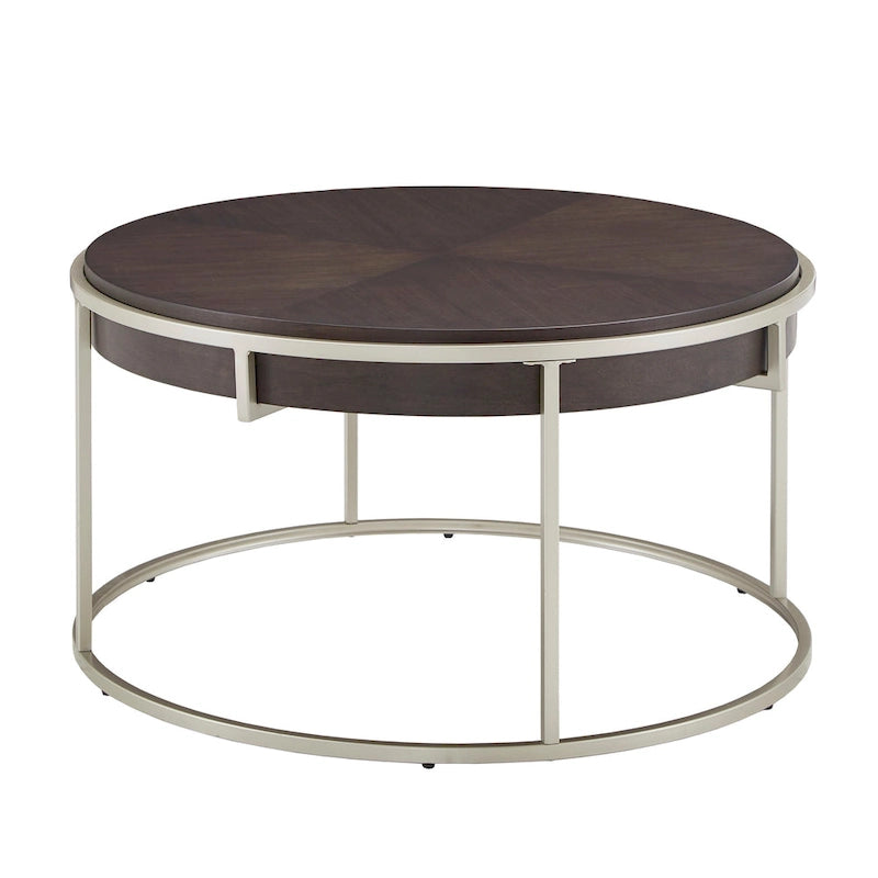 Round Coffee Table with Geometric Walnut Veneer Top and Gold Metal Base