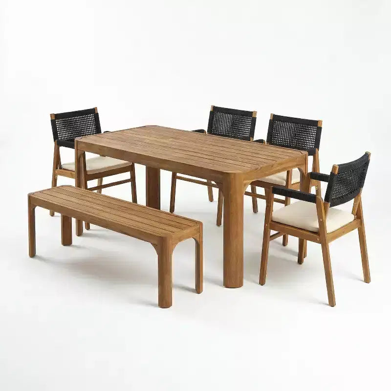 Christopher Knight Home Lan Modern 6 Piece Acacia Wood Patio Dining Set with Slatted Table and Rope Design