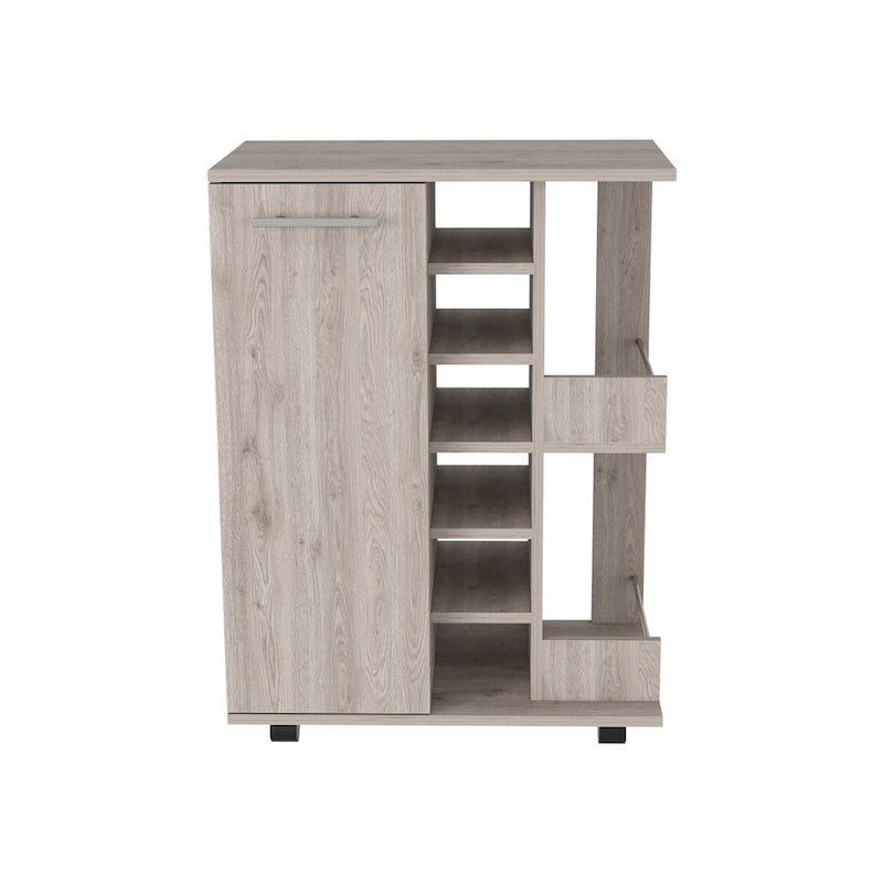 Rolling Bar Cart with Enclosed Cabinet 6-Bottle Wine Cubby and Open Bottle Shelves