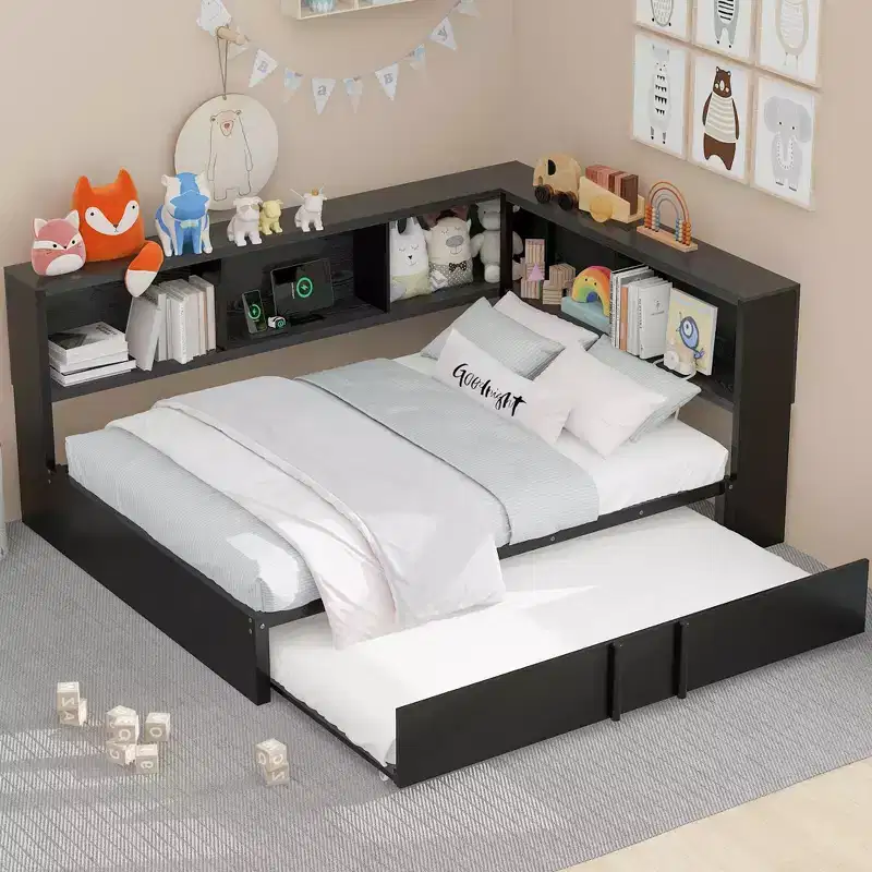 Full Size Daybed with Trundle and Bookcase, L-Shape Daybed with USB Ports, Wood Full Corner Bed with Storage Headboard