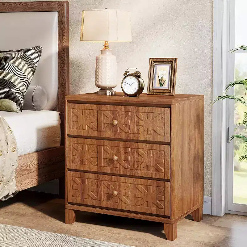 Farmhouse Nightstand with 3 Drawers - Industrial Bedside End Table, Brown