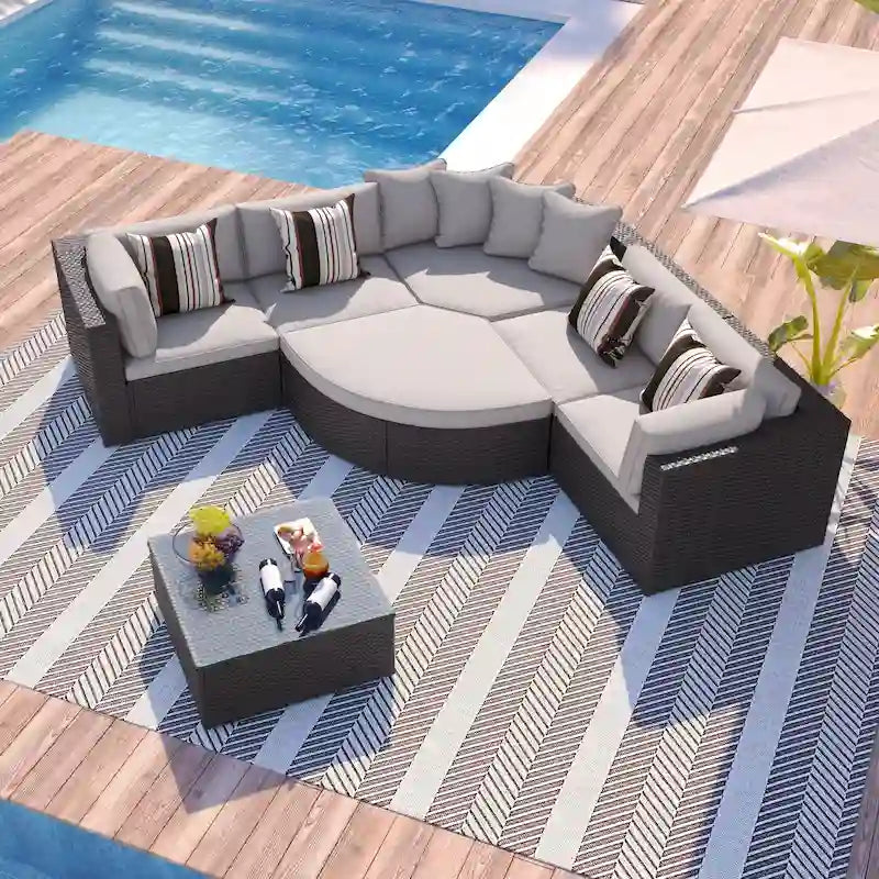 Modern 7-Piece Outdoor Wicker Sofa Set with Coffee Table, Cushions, and Striped Pillows, Suitable for Patio, Garden, Deck