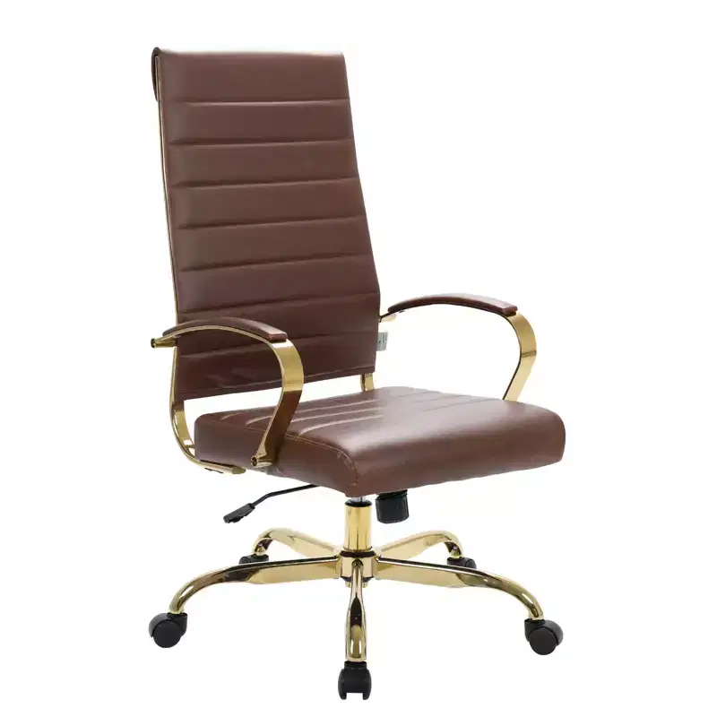 LeisureMod Benmar High-Back Ribbed Leather Office Chair - Modern Swivel & Tilt Executive Desk Chair - Gold Base