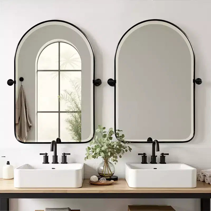 31.50x23.62x1.57in Wrought Iron Rounded Arch Black Metal Hanging Mirror