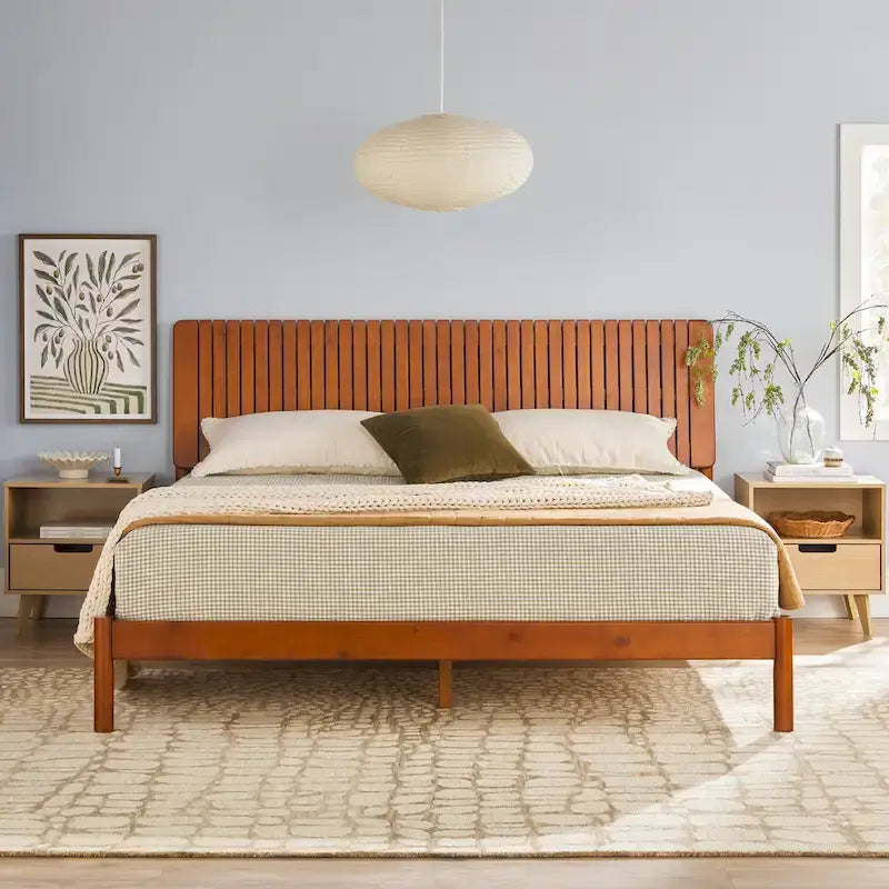 Slatted Headboard Modern King Platform Bed Frame - Wood Slat Support, No Box Spring Needed