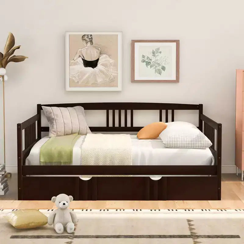 Okak Twin/Full Modern Platform Bed Frame with Bedside Fence & Drawers/Trundle,Wooden Daybed Sofa Bed for Bedroom,Study