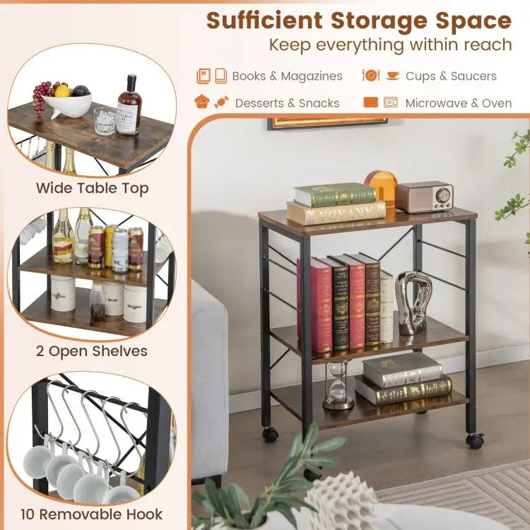 Rustic Brown 3-Tier Rolling Baker's Rack Microwave Cart with S-Hooks