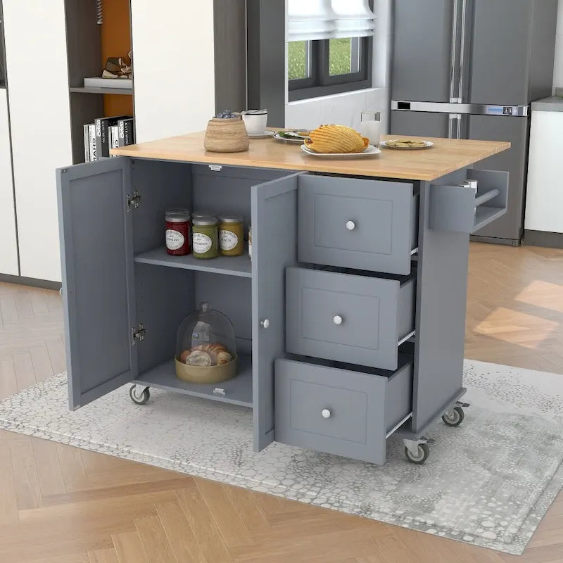 Rolling Kitchen Island with Drop Leaf Breakfast Bar Solid Wood Top 3 Drawers and Spice Rack