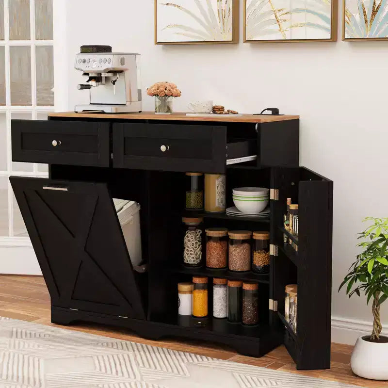 Costway Tilt Out Trash Can Cabinet w/ Outlets 2 Drawers Adjustable Shelf Anti-Tipping Kit