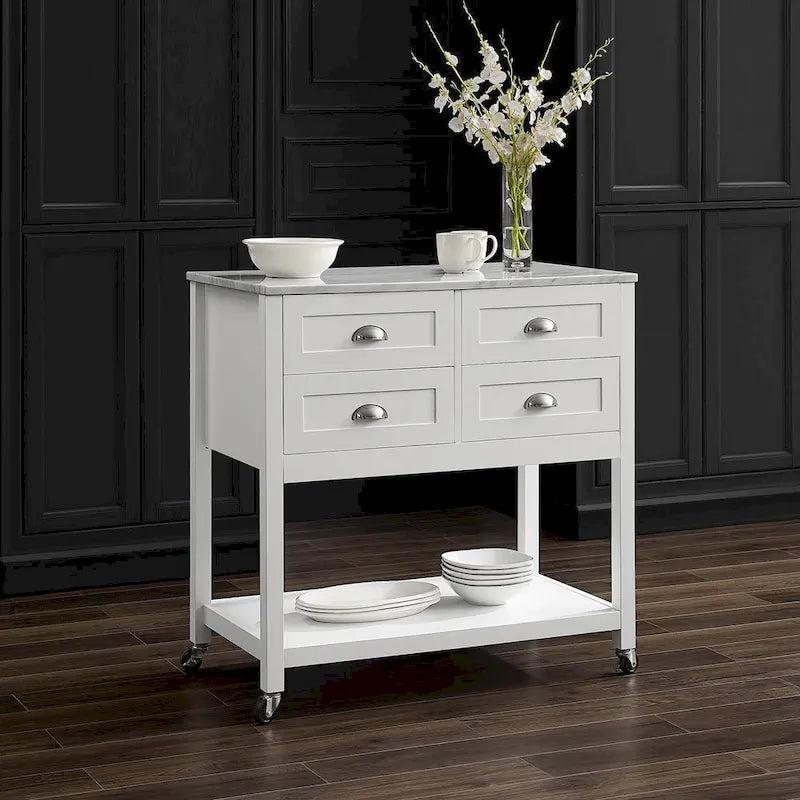 Modern Farmhouse Kitchen Island Cart with 4 Drawers Faux Marble Top and Casters
