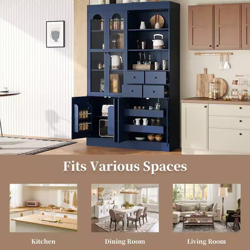 Freestanding Buffet with Hutch, Tall Kitchen Pantry Cabinet with 4 Drawers, Door Shelves and Pull-out Trays