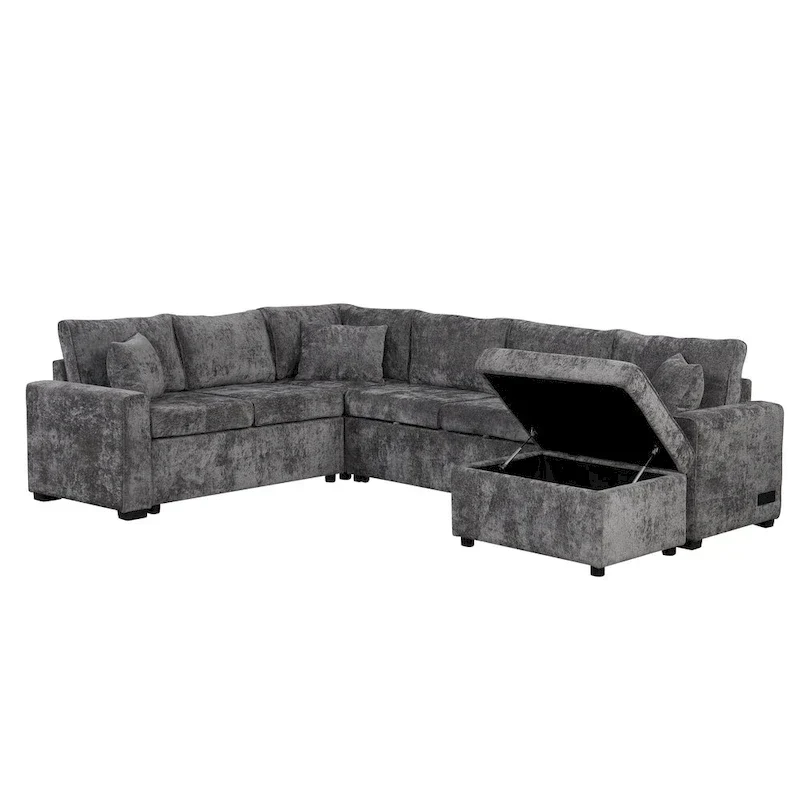 Chenille Sectional Sofa Pull-out Sofa Bed, L-Shape Sleeper Sofa with Storage Ottoman, 3 Pillows and Charging Devices