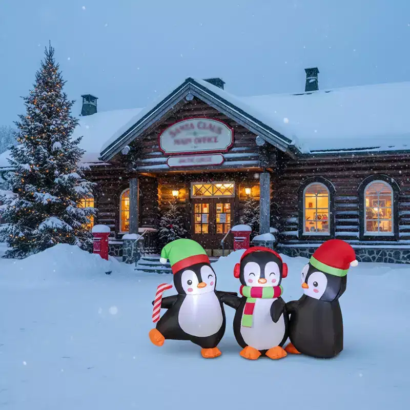 Gymax Inflatable Xmas Penguins Family Decoration w/ LED Lights & Water Bags Pre-Lit Festive Blowup Set for Indoor & Outdoor