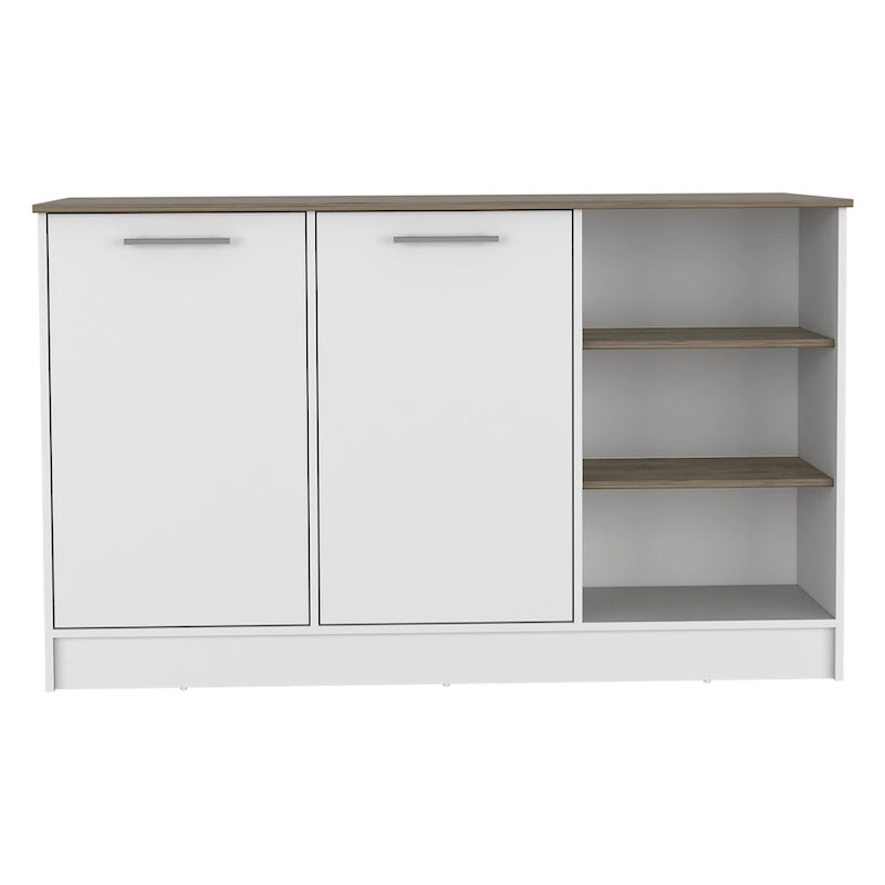 White and Dark Brown Stationary Kitchen Island with 2 Cabinets and 3 Open Shelves