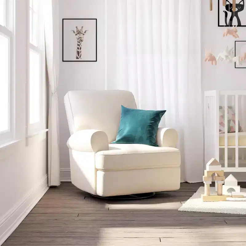Nursery Swivel Glider Recliner Chair, Chenille Upholstered, Large Roll Arms, T-Cushion Seat, Beige/Gray