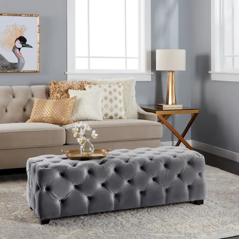 Tufted Velvet Ottoman Bench - Button Detail Upholstered Entryway Bench for Bedroom