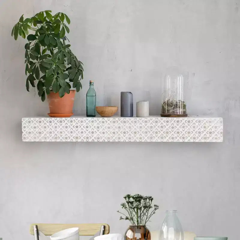 Small Embossed Wood Floating Decorative Wall Shelf, White, 24.25