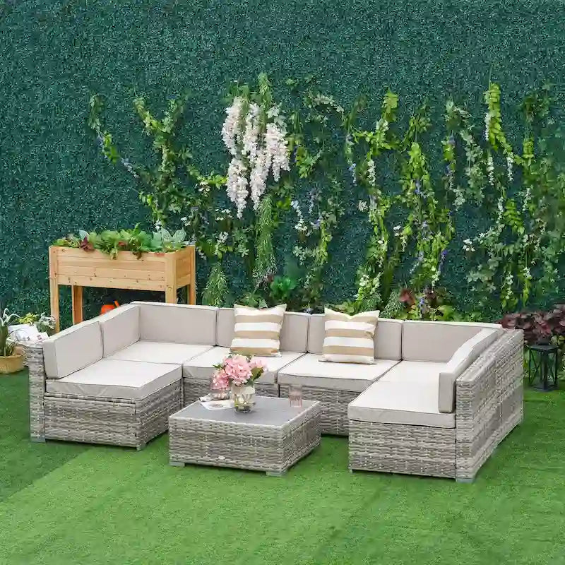 Outsunny 7-Piece Outdoor Wicker Patio Sofa Set, Modern Rattan Conversation Furniture Set with Cushions & Table