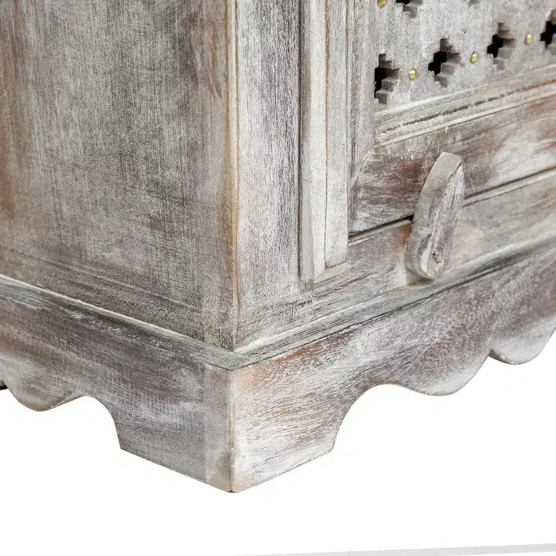 Handcrafted Boho Mango Wood Nightstand, Distressed White