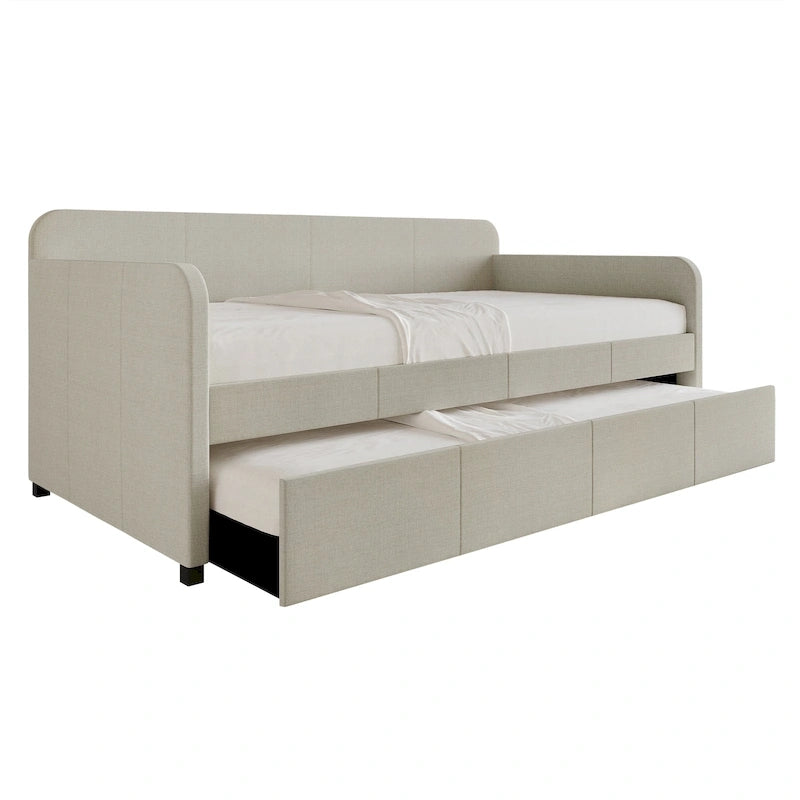 Upholstered Linen Daybed with Roll-Out Trundle