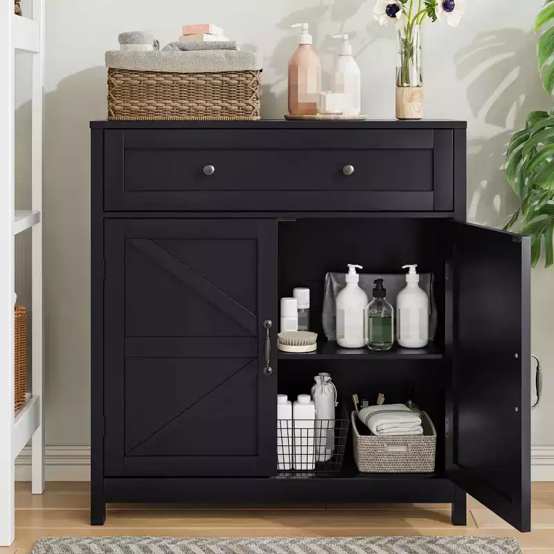 Kitchen Sideboard Buffet Cabinet with Drawer Adjustable Shelf Barn Door Accent Cabinet for Living Room Black