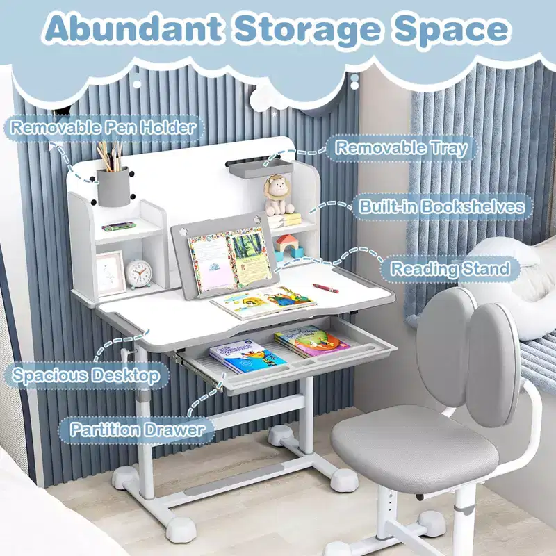 Costway Kids Study Desk & Chair Set with Tilt Desktop, Pen Holder & Tray, Reading Stand Blue/Gray