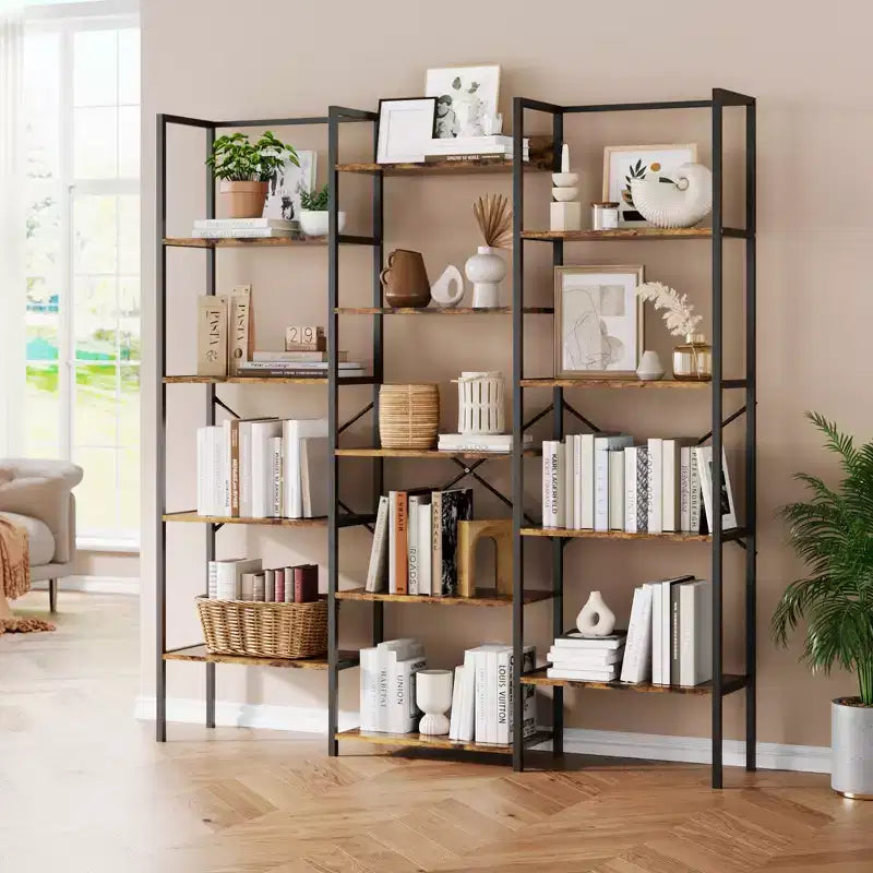 5-Tier Industrial Bookcase with 14 Open Shelves, 63.4W