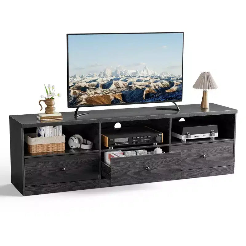 TV Stand for up to 80 TVs, Media Console with 3 Drawers and 3 Open Shelves, Black