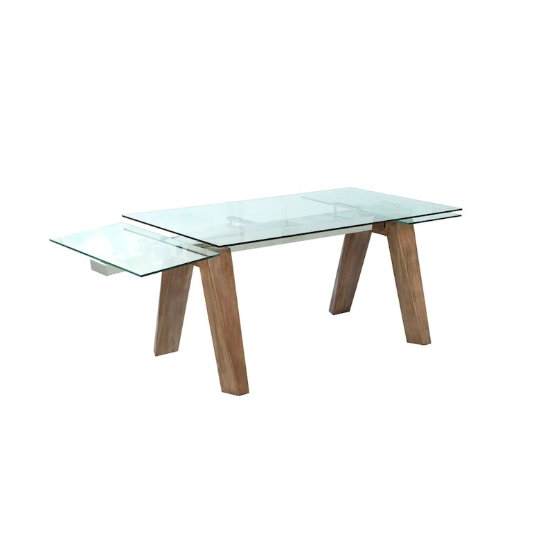 Extendable Glass-Top Dining Table with Solid Wood Legs