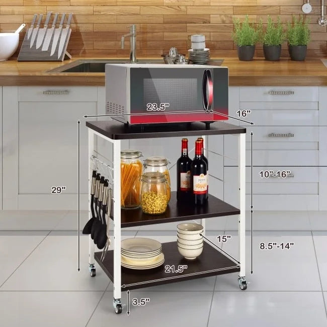 Rustic Brown 3-Tier Rolling Baker's Rack Microwave Cart with S-Hooks