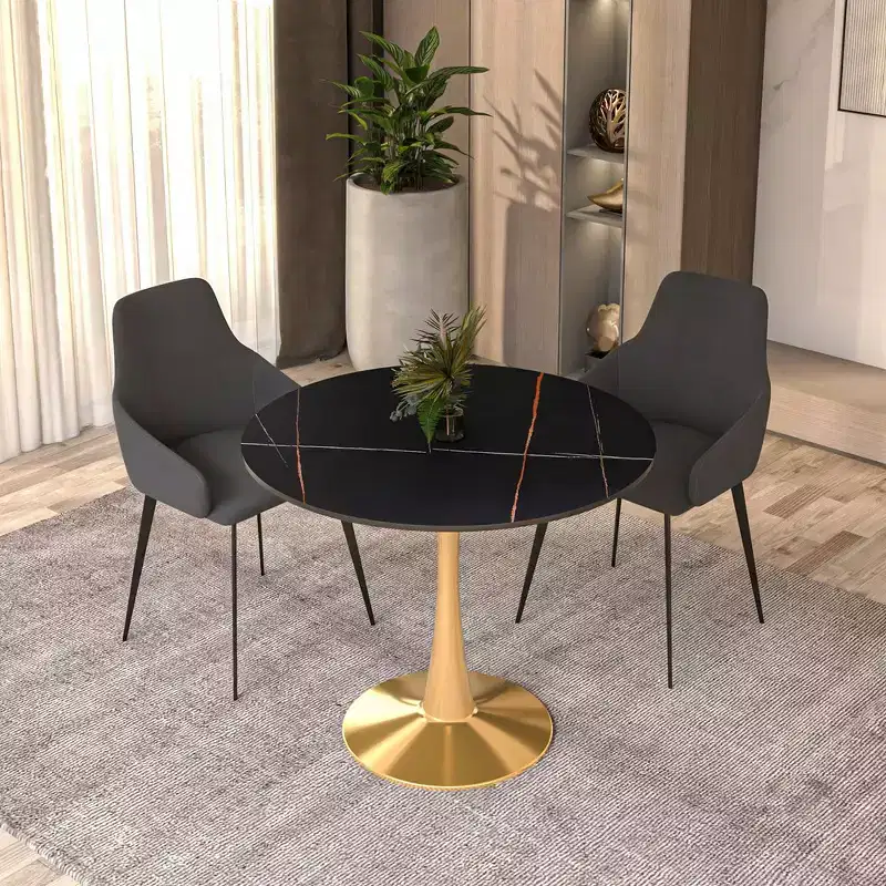 LeisureMod Bristol 31 Round Dining Table  Sintered Stone Top Accent Caf Table & Sturdy Steel Gold Pedestal Base for Kitchen and Small Spaces