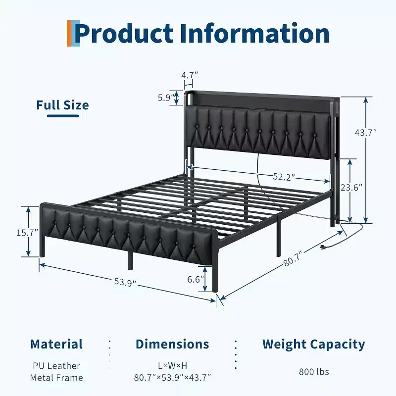 Full/ Queen/ KingBed Frame with Charging Station, Faux Leather Platform Bed with Storage Button Headboard & Footboard, No Box Spring Needed, Black