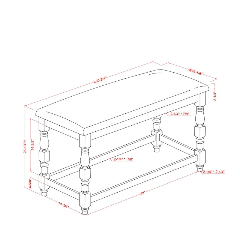 50-Inch Farmhouse Counter Height Upholstered Bench with Turned Legs