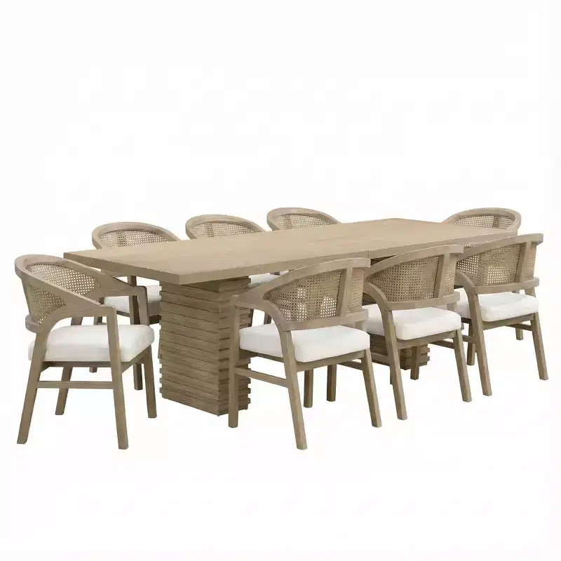 Christopher Knight Home Delia Farmhouse 9 Piece Dining Table with Rattan Rubberwood Upholstered Chairs