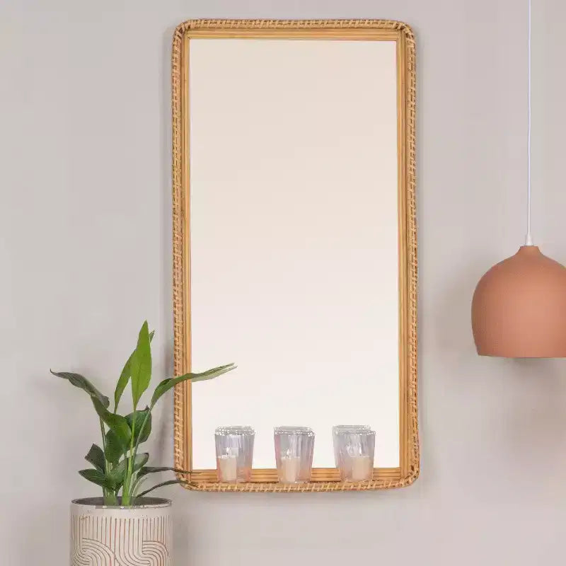 Handwoven Rattan and Bamboo Rectangular Wall Mirror with Shelf, Natural