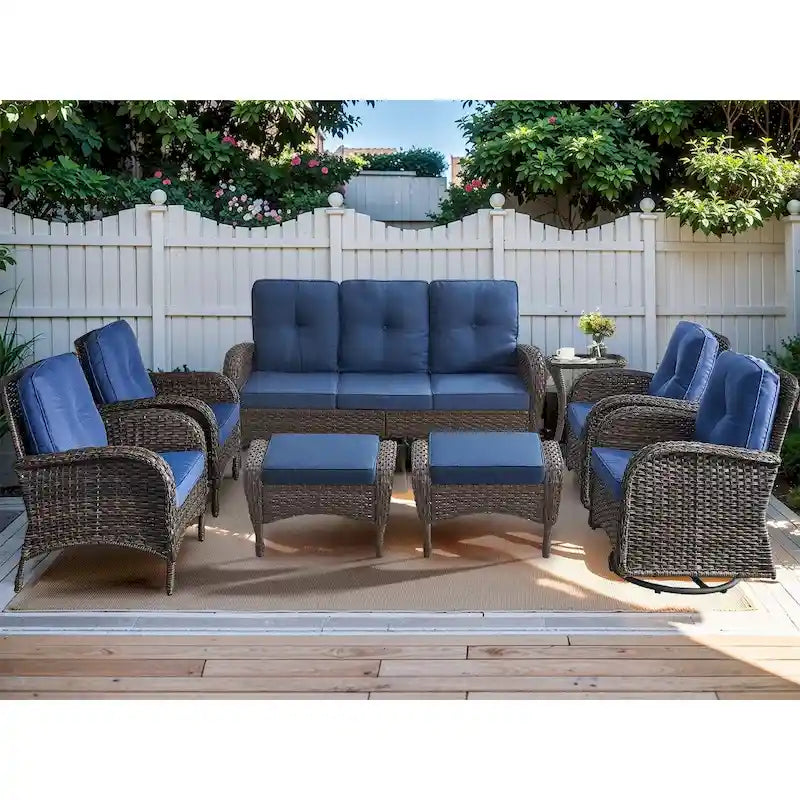 Raatan Swivel Glider Chairs with Sofa Chair Ottomans - Brown