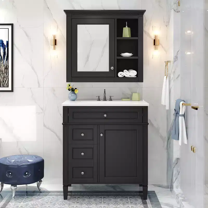 Okak Modern 30 Bathroom Vanity with Top Sink & Mirror Cabinet, Solid Wood Frame Storage Cabinet with 2 Drawers and a Tip-out Drawer