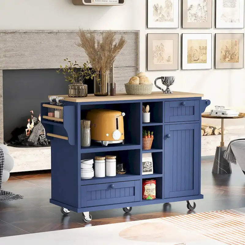 Rolling Kitchen Island Cart with Open Shelves Drawers Cabinet and Microwave Space