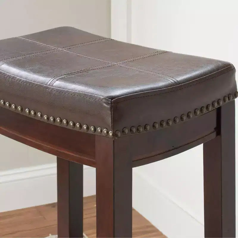 Set of 2 Faux Leather Barstools - Armless, Backless with Footrest, Fixed Height