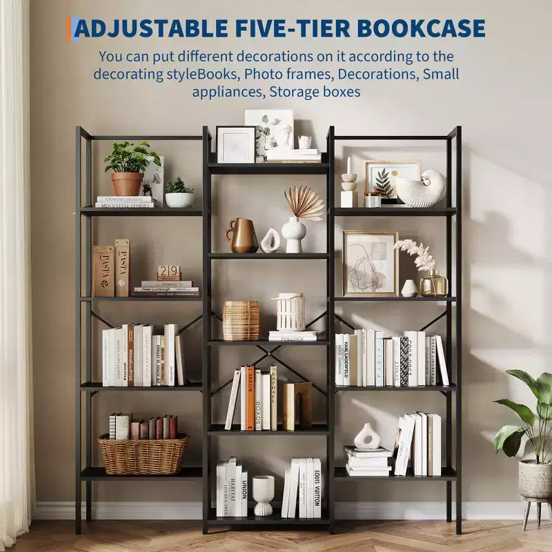 5-Tier Industrial Bookcase with 14 Open Shelves, 63.4W