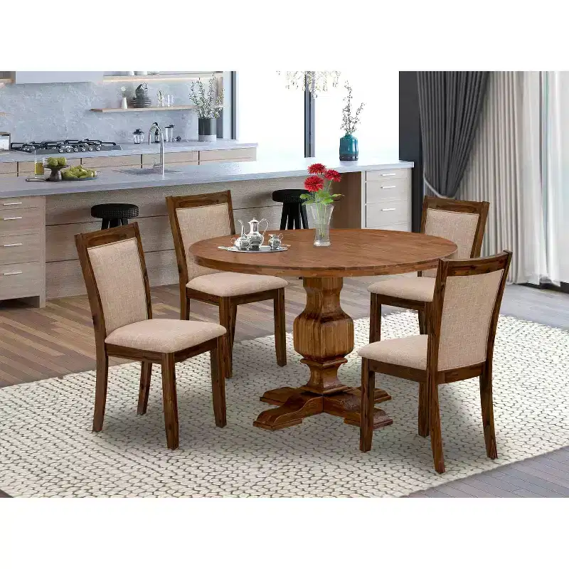 HomeStock 5-Piece Round Natural Oak Finish Solid Wood Top Dining Table with 4 Parson Chair