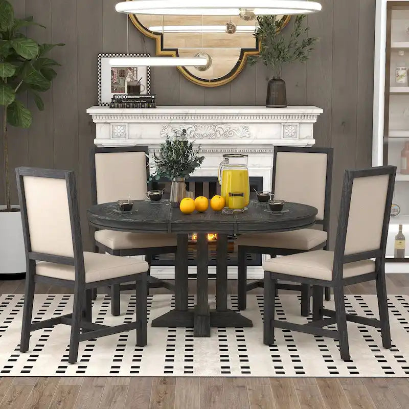 Black Wooden Dining Table with Extendable Round Table & 4 Chairs