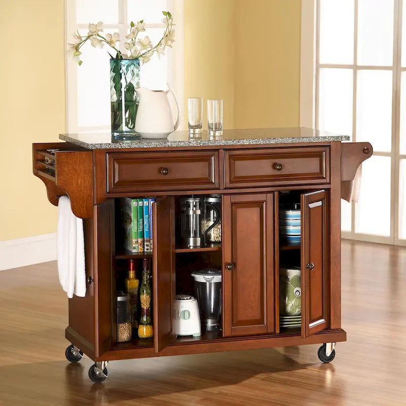 Cherry Rolling Kitchen Cart with Gray Granite Top 3 Cabinets 2 Drawers and Spice Rack