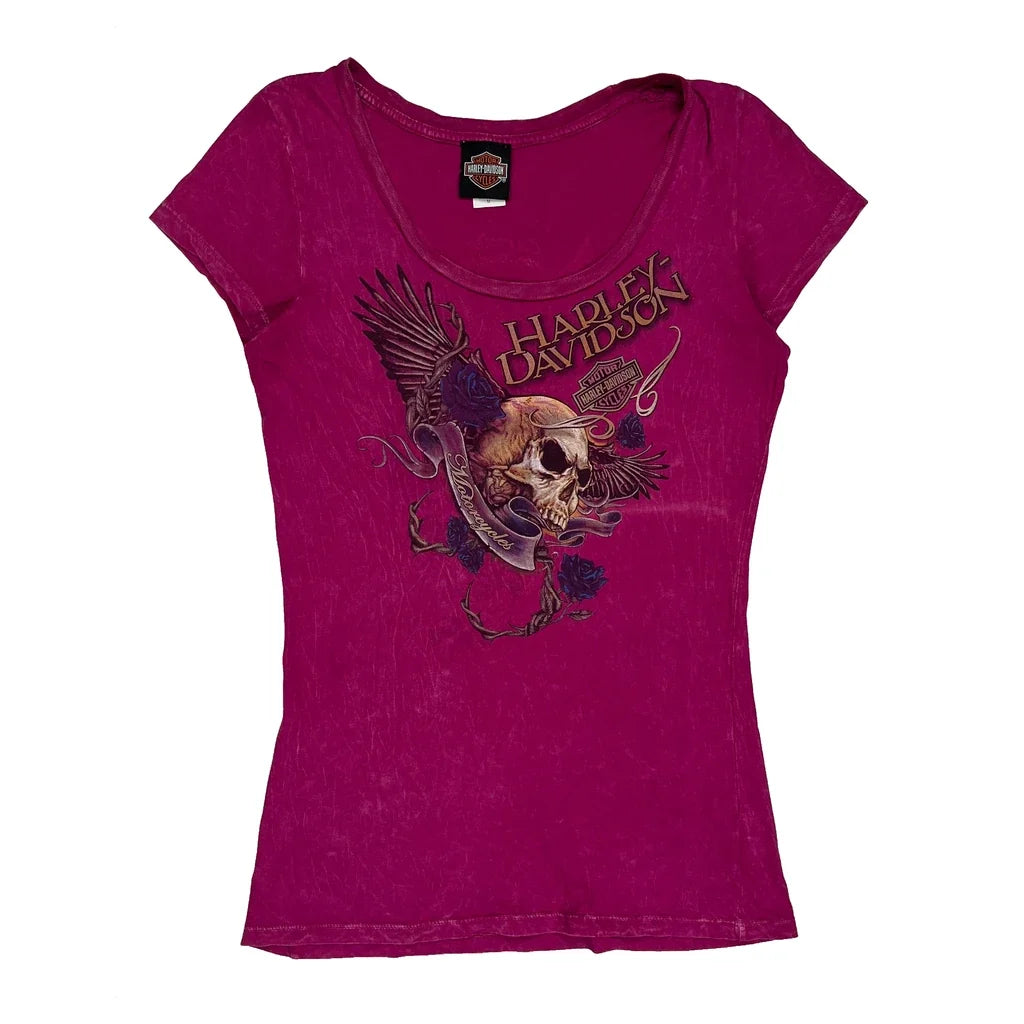 Skull With Wings And Roses Harley Davidson Graphic T-Shirt - Medium Pink Cotton