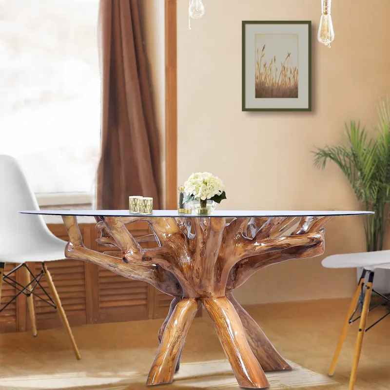 Rustic Teak Wood Root Dining Table with 48-Inch Round Glass Top