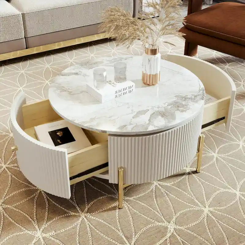 31.5 Modern Round Coffee Table with Large Drawer Storage