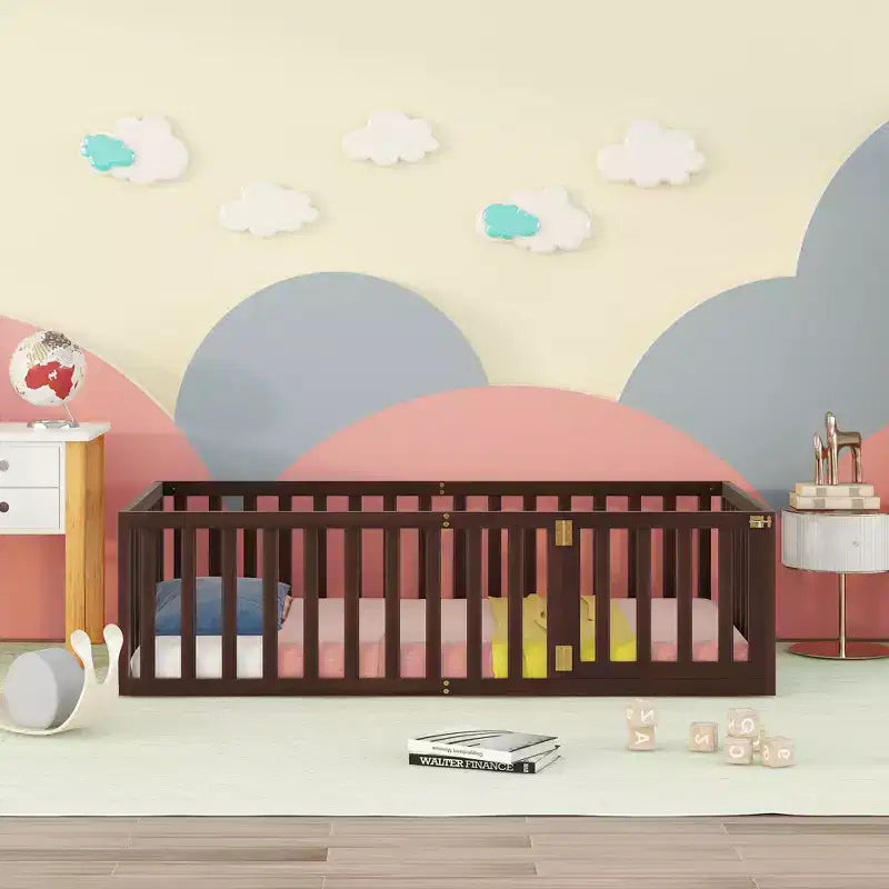 Bellemave Twin Floor Bed with Fence & Door, Solid Walnut Wood, Versatile Kids Play & Sleep Space, Easy Assembly, Sturdy & Safe Design